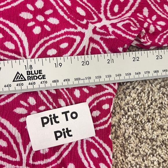 SUSAN GRAVER Women's L Pink White Rayon‎ 3/4 Flare Sleeve Boho Keyhole Tunic Top - Picture 8 of 11